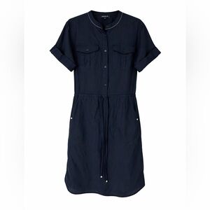 Lafayette 148 New York Blue Satin Tie Waist Button Up Shirt Dress
